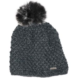 Gebreide beanie muts donker grijs met nep bont pompon voor dames