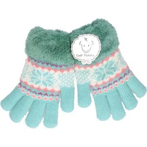 Gebreide handschoenen mint groen met sneeuwster en nep bont voor meisjes/kinderen