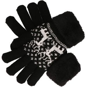 Gebreide handschoenen zwart met Noors patroon en nep bont voor dames