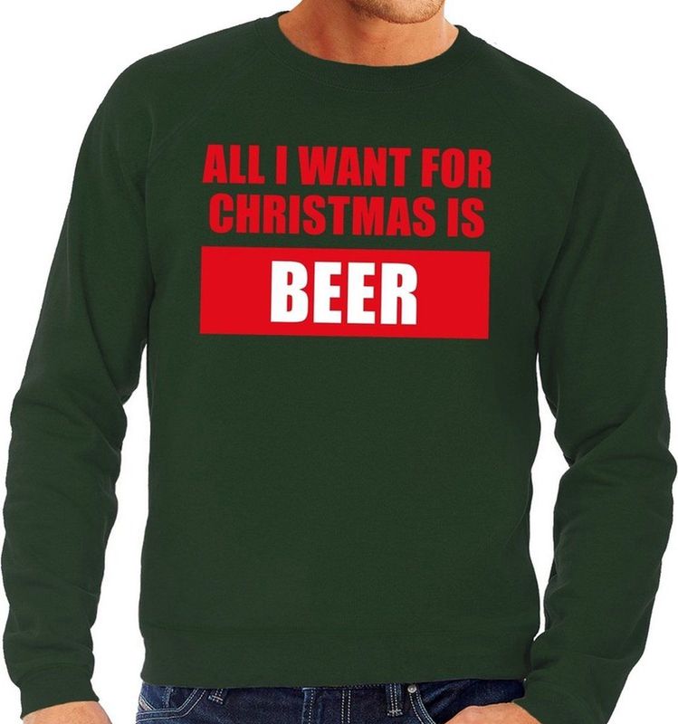 Bellatio - All I Want For Christmas Is Beer - Foute Kersttrui - Groen - Katoen/Polyester