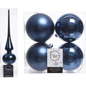 Blauwe kerstversiering/kerstdecoratie set piek en 4x kerstballen 10 cm glans/mat