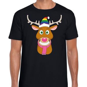 Foute Kerst T-shirt Gay Ruldolf met Regenboog Muts en Roze Sjaal Zwart Voor Heren M