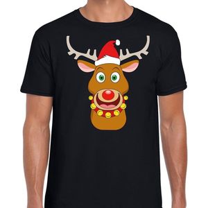 Foute Kerst t-shirt rendier Rudolf rode kerstmuts zwart heren