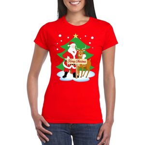 Foute Kerst t-shirt met de kerstman en rendier Rudolf rood voor dames S