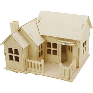 Houten 3D bouwpakket huisje met terras en veranda - 19 x 17 x 15 cm