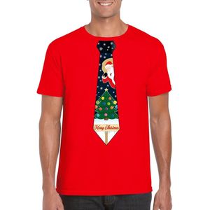 Rood kerst T-shirt voor heren - Kerstman en kerstboom stropdas print