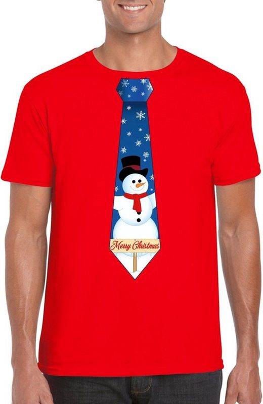 Rood kerst T-shirt voor heren - Sneeuwpoppen stropdas print