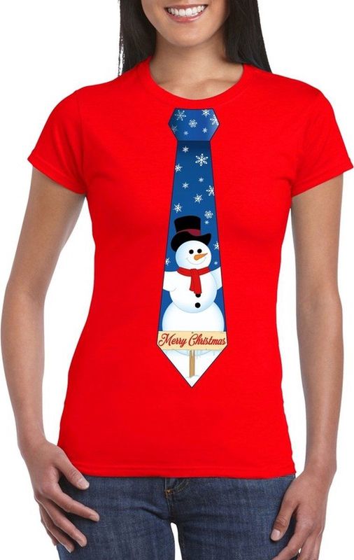 Rood kerst T-shirt voor dames - Sneeuwpoppen stropdas print