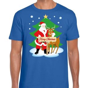 Foute Kerst t-shirt met de kerstman en rendier Rudolf blauw voor heren