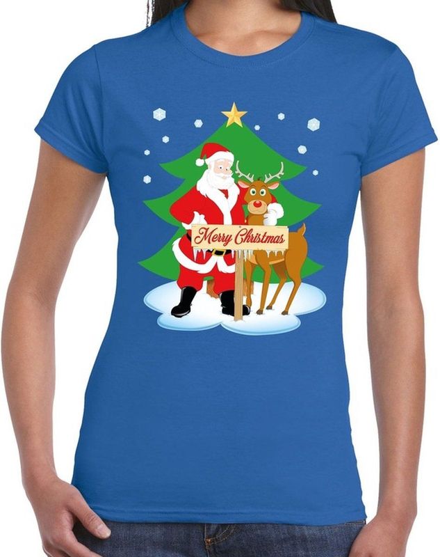 Foute Kerst t-shirt met de kerstman en rendier Rudolf blauw voor dames