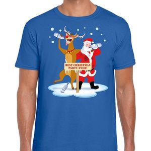 Foute Kerst t-shirt dronken kerstman en rendier Rudolf na kerstborrel feest blauw voor heren