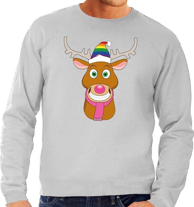 Foute kersttrui / sweater Gay Ruldolf met regenboog muts en roze sjaal grijs voor heren - Kersttruien S