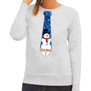 Foute kersttrui stropdas met sneeuwpop print grijs voor dames