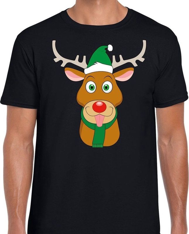 Foute Kerst t-shirt met Rudolf het rendier met groene kerstmuts zwart voor heren