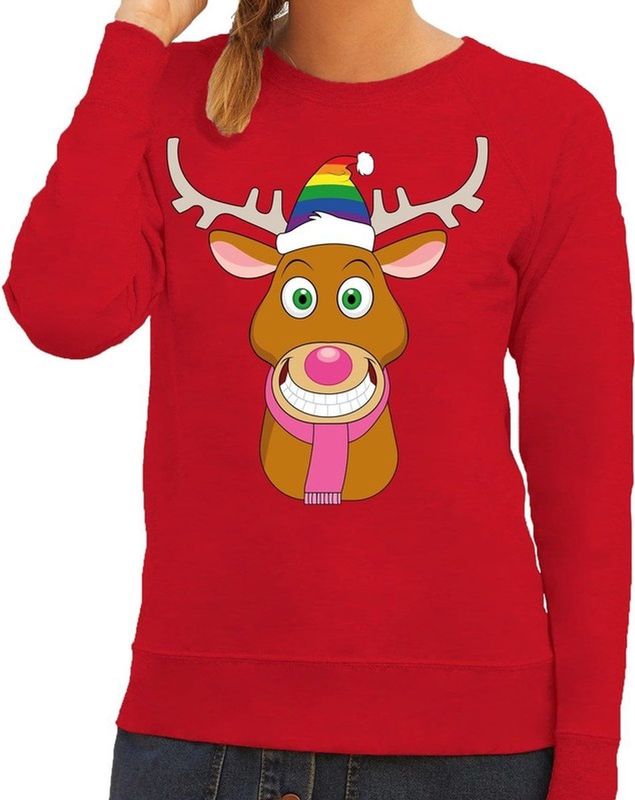 Gay Ruldolf - Sweater - Rood - Katoen - Met Regenboog Muts en Roze Sjaal