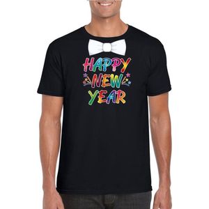 Happy new year t-shirt met vlinderstrikje voor oud en nieuw voor heren - zwart - Nieuwjaarsborrel kleding XL