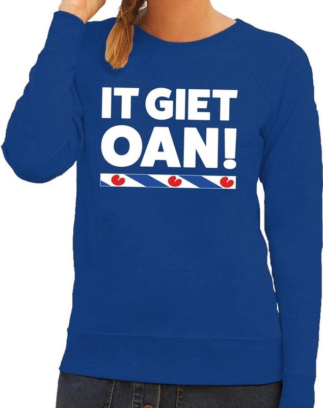 Blauwe sweater met Friese uitspraak It Giet Oan dames - Fryslan elfstedentocht