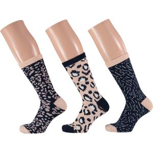 Dames fashion sokken 3-pak luipaard print beige/navy maat 35-42