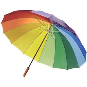 Regenboog kleuren paraplu met houten handvat - Dia 130 cm - Groot - Polyester