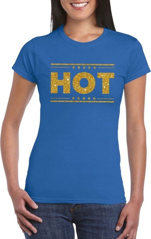 Blauw Hot shirt in gouden glitter letters dames