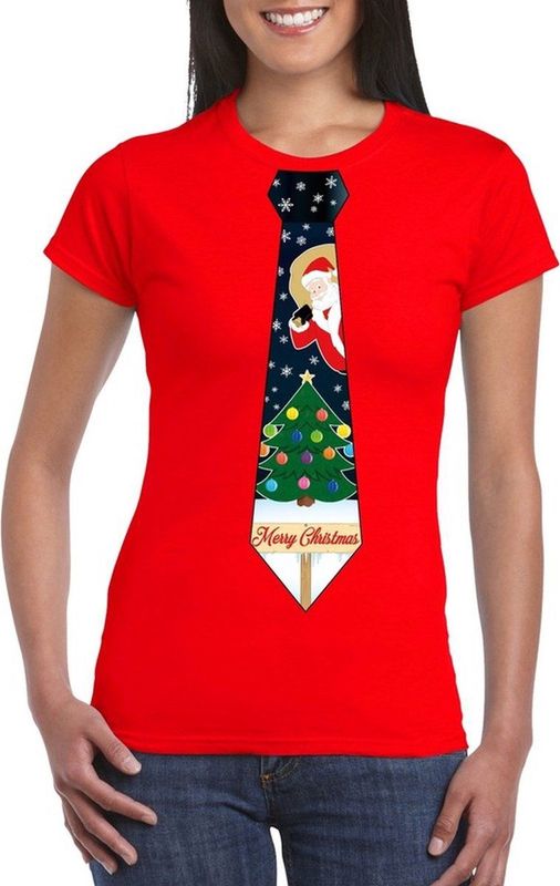 Rood kerst T-shirt voor dames - Kerstman en kerstboom stropdas print
