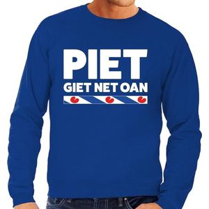 Blauwe sweater met Friese uitspraak Piet Giet Net Oan heren - Friese weerman tekst trui