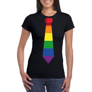 Zwart t-shirt met regenboog stropdas dames - LGBT Gay pride shirts