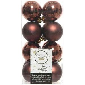 Decoris kleine kerstballen - 16x st - mahonie bruin - 4 cm - kunststof - onbreekbare kerstballen - Kerstbal