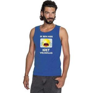 Blauw mouwloos feest shirt/ tanktop - Ik ben hier niet vrijwillig met emoticon voor heren