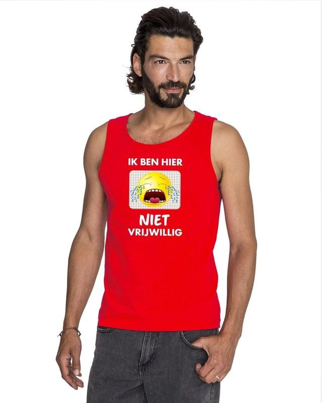 Rood mouwloos feest shirt tanktop - Ik ben hier niet vrijwillig met emoticon voor heren