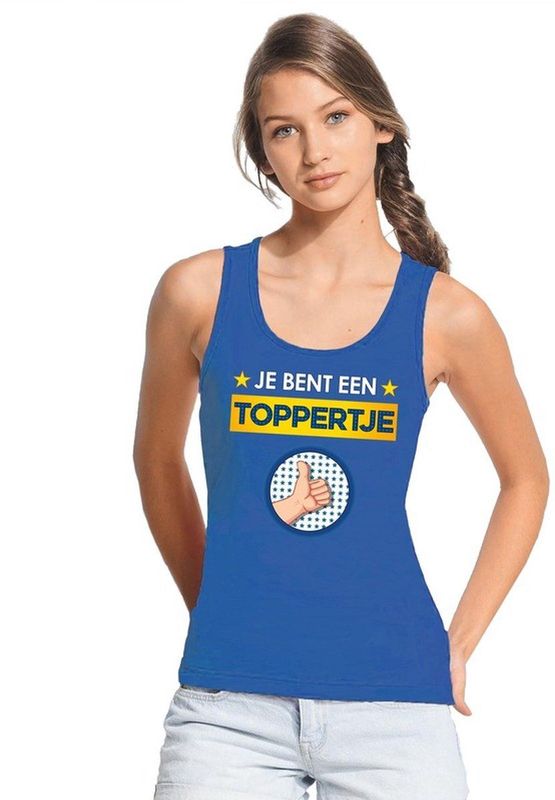 Blauw mouwloos feest shirt tanktop - Je bent een toppertje met duimpje voor dames