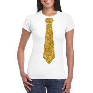 Wit fun t-shirt met stropdas in glitter goud dames