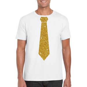 Wit fun t-shirt met stropdas in glitter goud heren