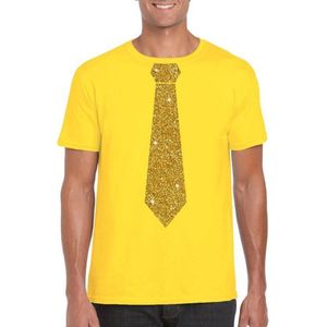 Geel fun t-shirt met stropdas in glitter goud heren