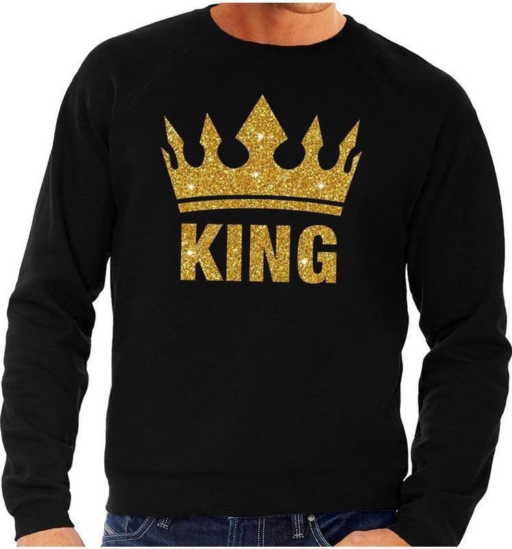 Zwarte King gouden glitter kroon sweater / trui heren - Zwarte Koningsdag kleding