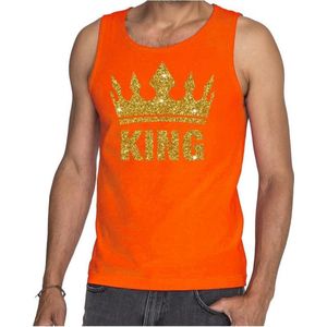 Oranje King gouden glitter kroon tanktop/hemd - mouwloos shirt heren - Oranje Koningsdag kleding S