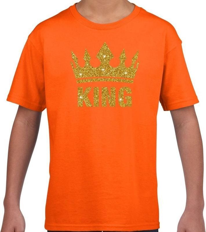 Oranje King gouden glitter kroon t-shirt kinderen - Oranje Koningsdag supporter kleding 110 116