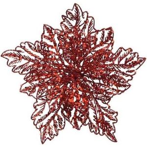 1x Kerstboomversiering op clip rode glitter bloem 23 cm - kerstboom decoratie - rode kerstversieringen