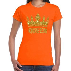 Oranje Koningdag Queen shirt met gouden glitters en kroon dames