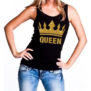 Zwart Koningsdag Queen tanktop shirt/ singlet met gouden glitters dames - Zwart Koningsdag kleding S
