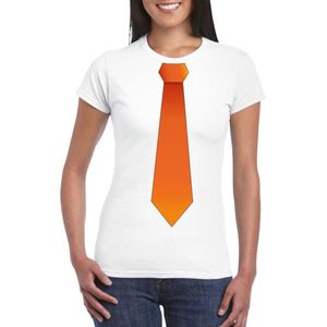 Wit t-shirt met oranje stropdas dames - Oranje Koningsdag Holland supporter kleding