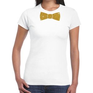 Wit fun t-shirt met vlinderdas in glitter goud dames