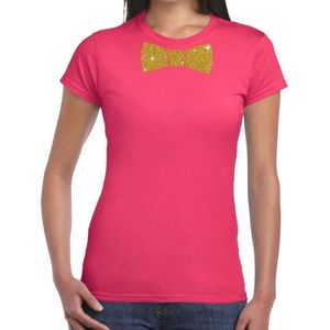 Roze fun t-shirt met vlinderdas in glitter goud dames - Feestshirts