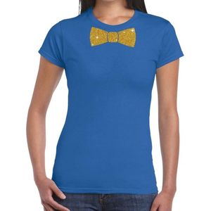 Blauw fun t-shirt met vlinderdas in glitter goud dames - Feestshirts