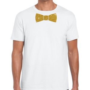 Wit fun t-shirt met vlinderdas in glitter goud heren