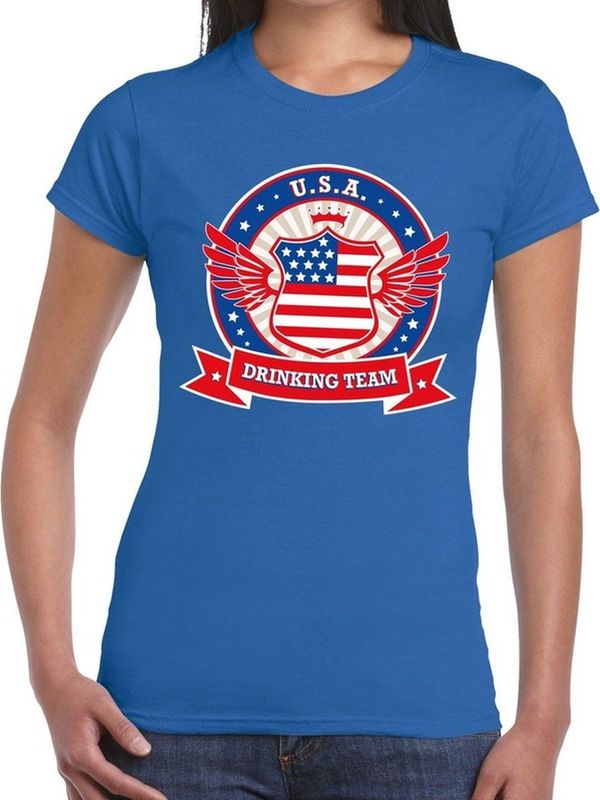 Blauw USA drinking team t-shirt blauw dames - USA kleding