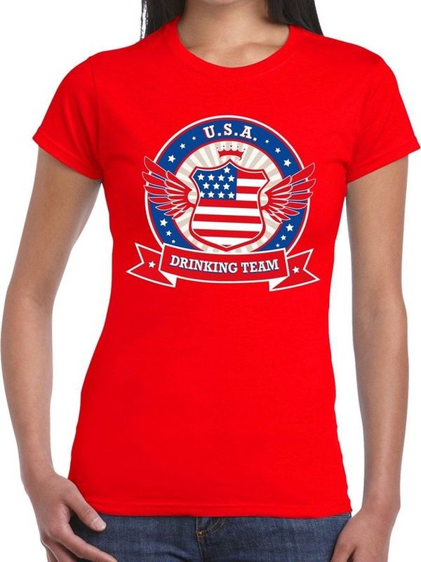 Rood USA drinking team t-shirt rood dames - USA kleding