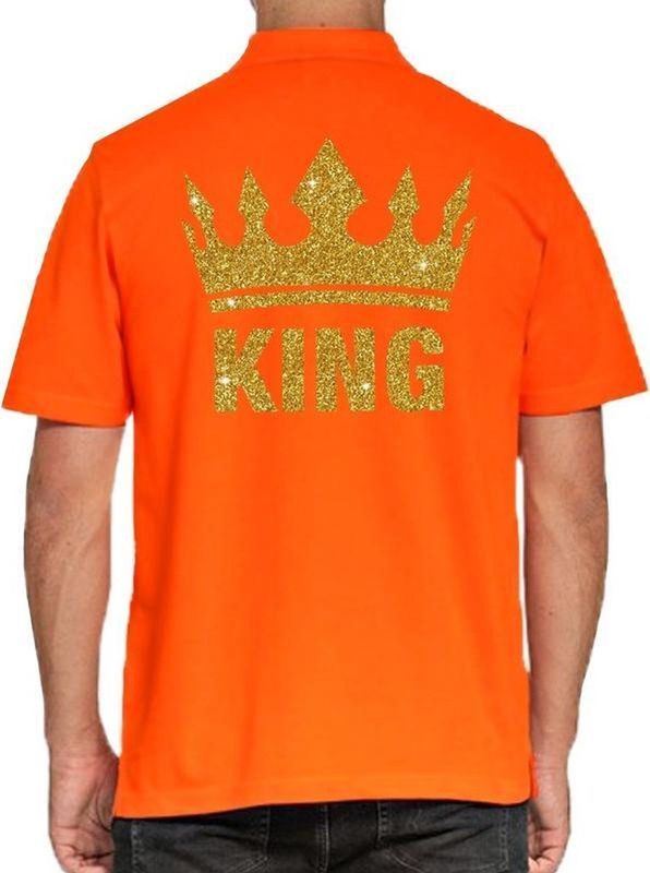 Koningsdag poloshirt polo t-shirt King met gouden glitters oranje heren - Koningsdag kleding shirts
