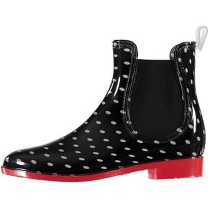Zwarte korte dames regenlaarzen met  grijze stippen en zwart elastiek - Rubberen laarzen/regenlaarsjes dames 37