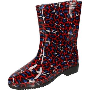 Half hoge dames regenlaarzen met  rood/blauwe panter print - Rubberen laarzen/regenlaarsjes dames 37